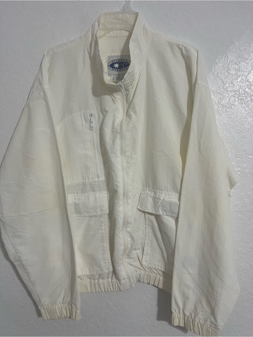 Vintage Starbus  Men’s 100% Dupont White Windbreaker Jacket Zip Size L # 838